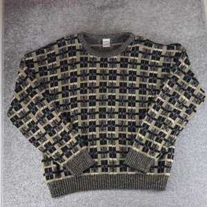 Vintage Windridge Geometric Knit Crewneck Sweater Tan Black 90s Pattern Mens XXL
